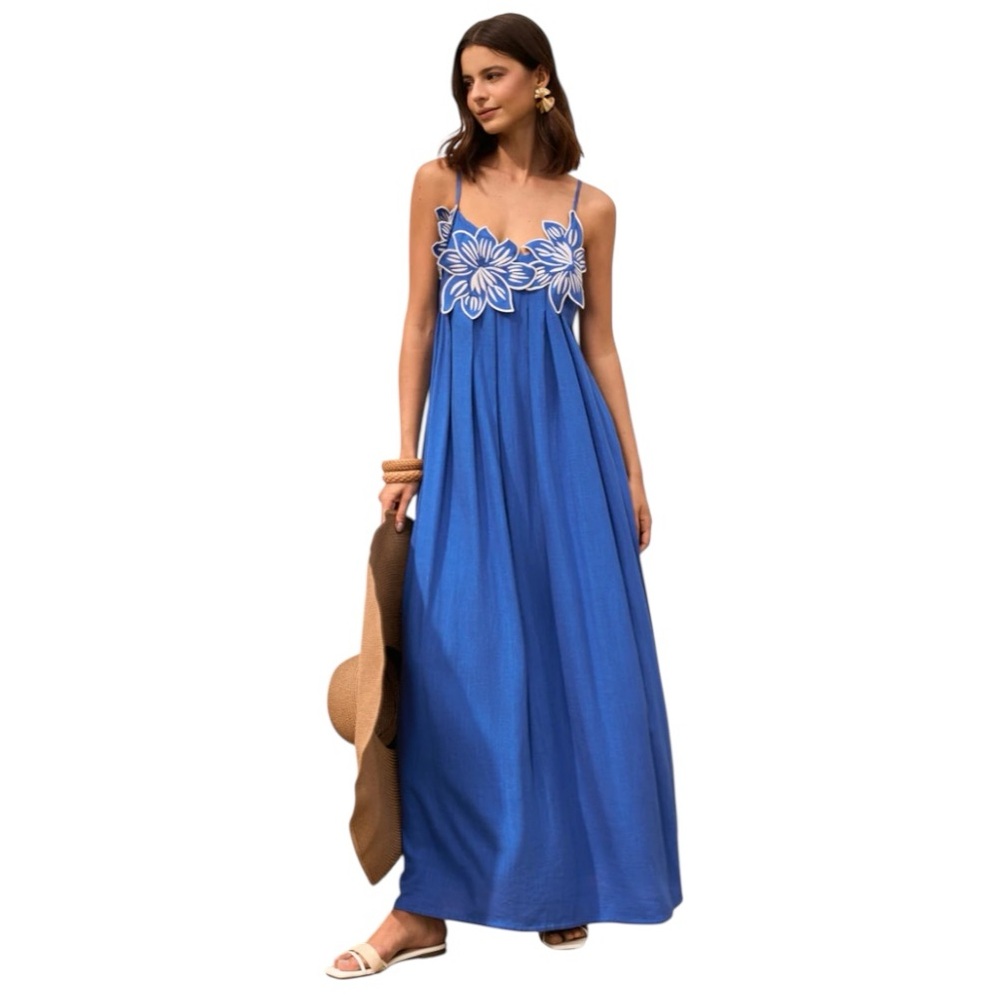 COMMENSE Cotton & Linen Floral Detail Cami Dress With Pockets COLOR Blue M NWT